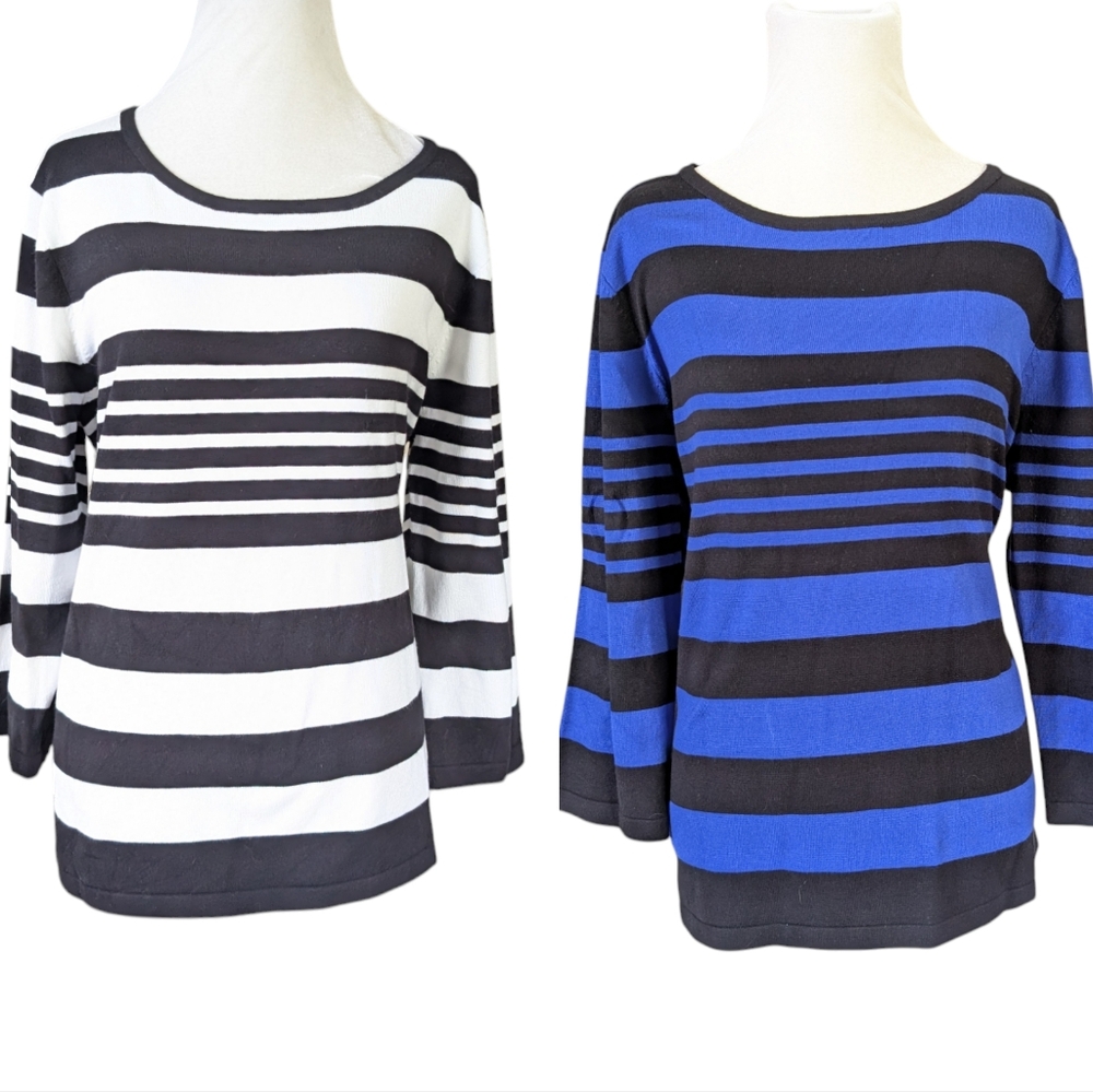 Spense Knits Sweater Lot XXL Striped Lightweight Blue White Black 3/4 Sleeve Top